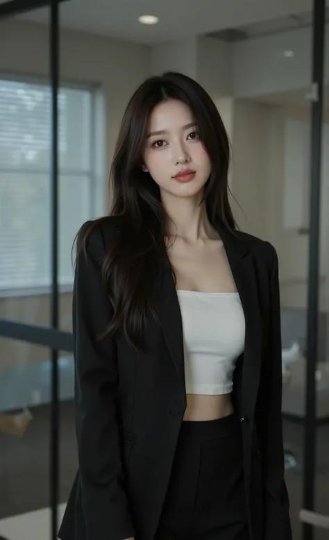 masterpiece, top quality, Realistic, An office worker's day, professional woman standing confidently by office window, Professional Woman Standing Confidently by the Office Window, business suit worn directly over skin、White bra on skin, RGB lighting in th...
