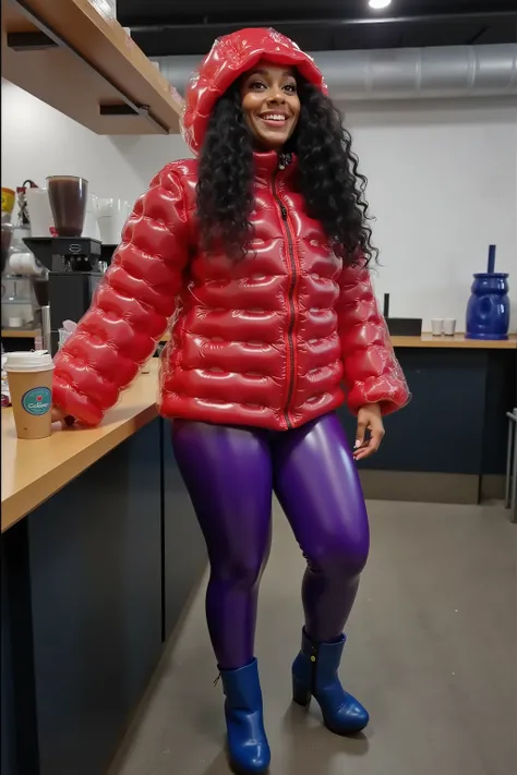 a 39 year old black woman that is tall with long curly hair, weighing 180 pounds, thick muscular arms, wearing a plasticinflcoat VEST That is bright red vinyl tightly inflated, her arms are covered in tightly inflated translucent vinyl, the woman wears shi...