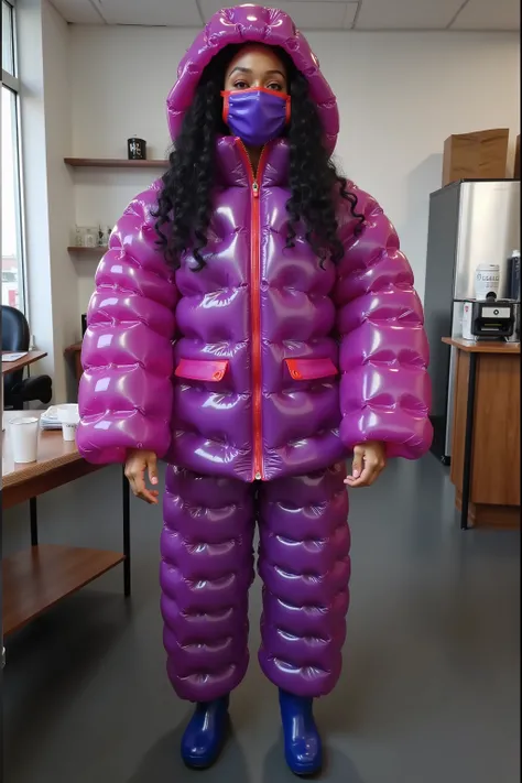 a 39 year old black woman that is tall with long curly hair, weighing 180 pounds, thick muscular arms, wearing a plasticinflcoat VEST That is bright pink and purple striped vinyl tightly inflated, her arms are covered in tightly inflated translucent vinyl,...