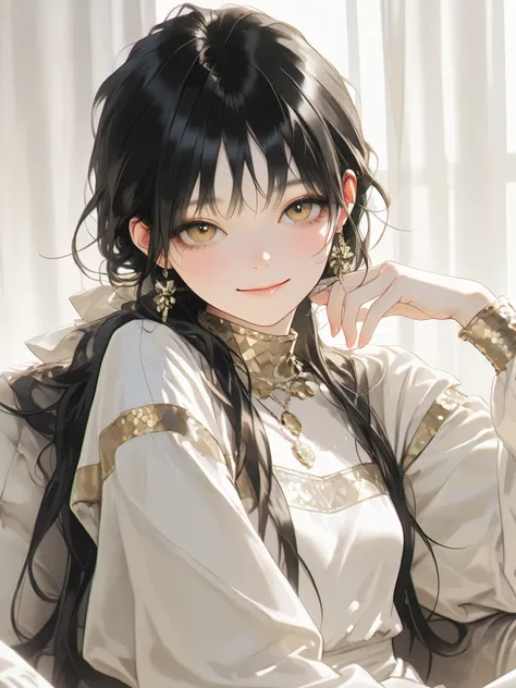 1female, solo, 26 years old female, long black hair, very long hair, ponytail, gold eyes, detailed eyes, (long eyelashes:0.8), beautiful, elegant, mature, gentle smile, female‑centered, small breasts, pale skin, sitting pose, looking at viewer, natural, so...