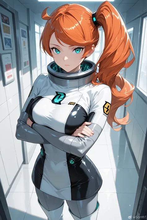 alone, solo, pokemonsonia, aqua eyes, long hair, long sleeves, orange hair, side ponytail, swept bangs, score_9, score_8_up, score_7_up, score_6_up, source_anime, anime, masterpiece, best quality, black and white dress, two-tone dress, grey bodysuit, body...