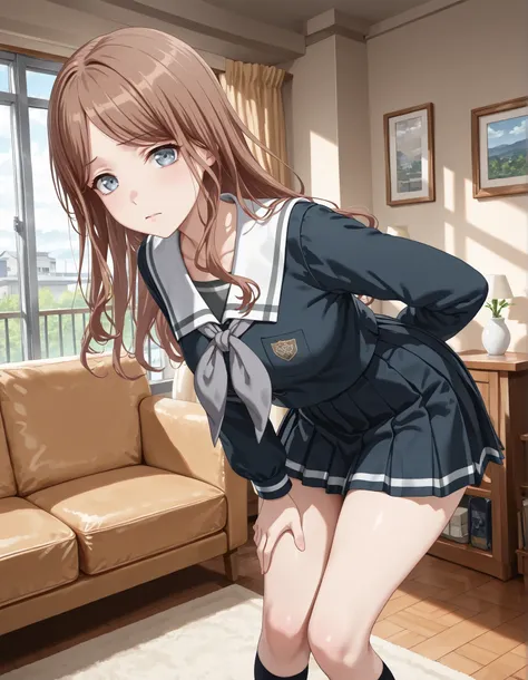 (1girl, solo:1.3), masterpiece, best quality, amazing quality, detailed background, living room background, 1girl, looking at viewer, (( nagasaki soyo, 1girl, solo, school uniform, serafuku, long sleeves, pleated skirt, standing, white sailor collar, grey ...