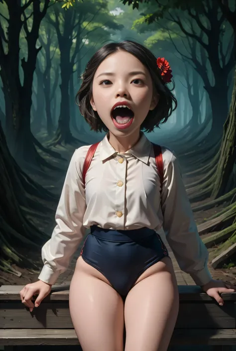 (masterpiece, highest quality), 1 girl, beautiful face, beautiful body,  wearing a Black gymnastics bloomers, High leg、red blouse,    cowboy shot、Are standing、full body portrait、alone, complex details, enlarged textures, complex details, finely detailed ey...