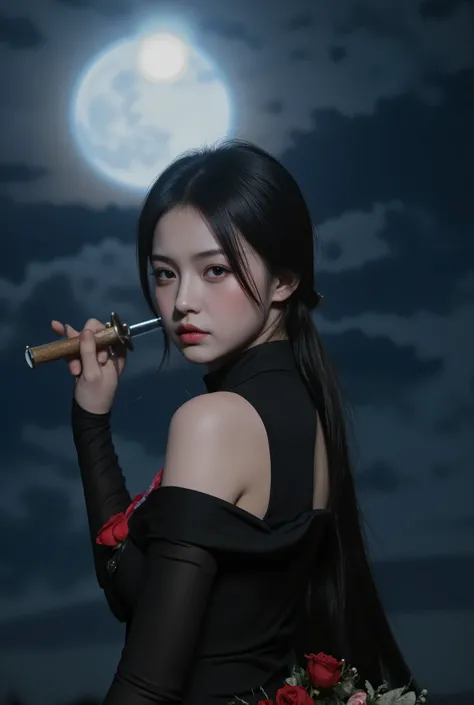 Female Assassin ,ruthless expression,Enchanting,black costume with rose design,Assassination Knife,Moonlit Night,Moonlight,Artistic Fantasy, detailed in detail,