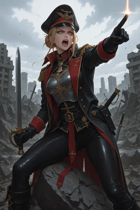 UHD, masterpiece, anatomically correct, super detail, best quality, high-res, 16k, solo, short golden hair made into bun, long forelock, blonde eyelashes, blue eyes, scar on forehead, scar on cheek, shouting, serious face, slender body, medium breasts, com...