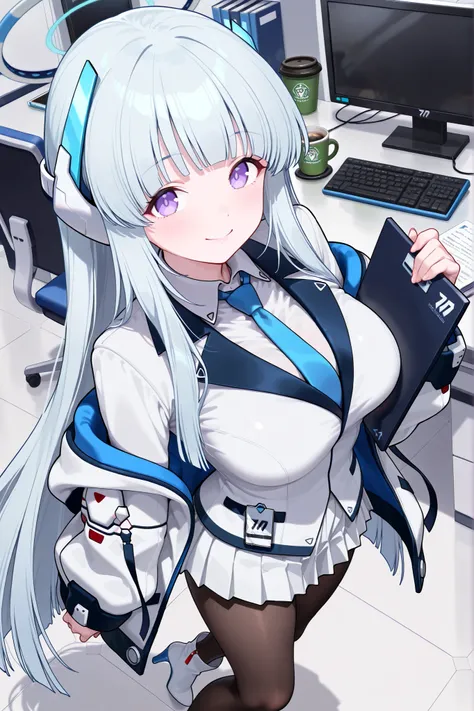 noa-default,in office,Place the coffee cup on the desk,Bend girl's waist,Holding a tray,noa \(blue archive\),purple eyes, white hair,long hair,halo,headphones,jacket,white suit,blue necktie,pleated skirt,black pantyhose, white high heels, short boots,(1 gi...