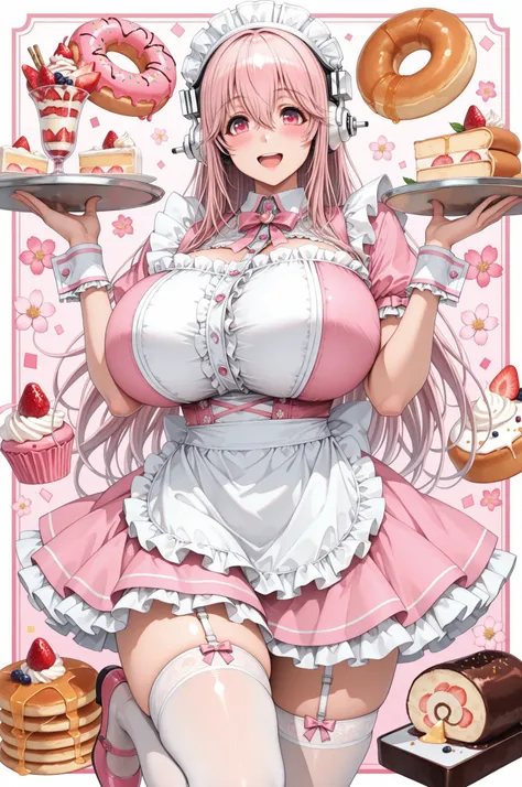 masterpiece, best quality, 1girl, solo, tray, long hair, large breasts, frills, hair between eyes, standing, fruit, frilled apron, white apron, blush, super sonico, holding tray, looking at viewer, nitroplus, food, frilled dress, white thighhighs, wrist cu...