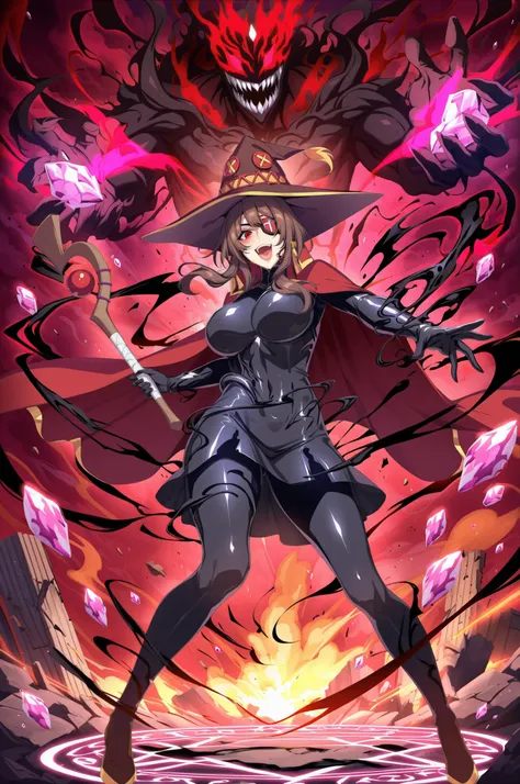 girl, Megumin (Konosuba),  poison symbiote , Witch costume modified by symbiote, Pointed hat fused with black mass symbiote, Dark Brown Hair, bright red eyes, Eye patch with symbiote tentacles, Ripped red cape with symbiote effect, Alien-style black dress ...