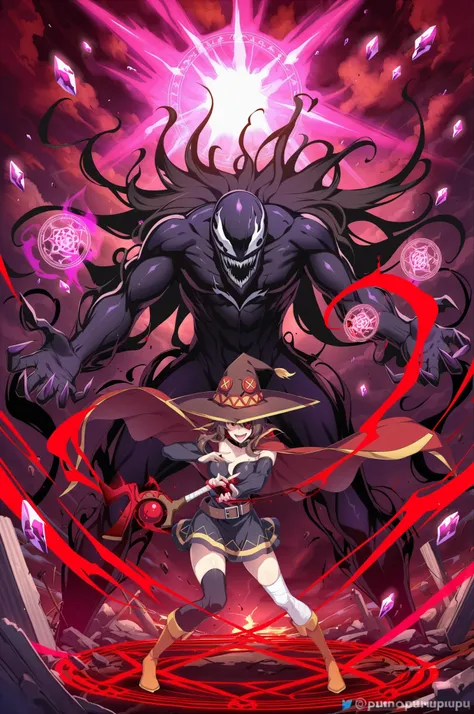 girl, Megumin (Konosuba),  poison symbiote , Witch costume modified by symbiote, Pointed hat fused with black mass symbiote, Dark Brown Hair, bright red eyes, Eye patch with symbiote tentacles, Ripped red cape with symbiote effect, Alien-style black dress ...