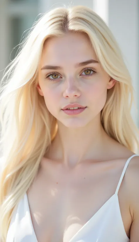 ultra realistic cinematic portrait of a 20-year-old beautiful blonde woman with long flowing hair and deep brown eyes, dancing softly with graceful and elegant upper-body movements, captured mid-motion, natural confident gaze directly into the camera, deli...