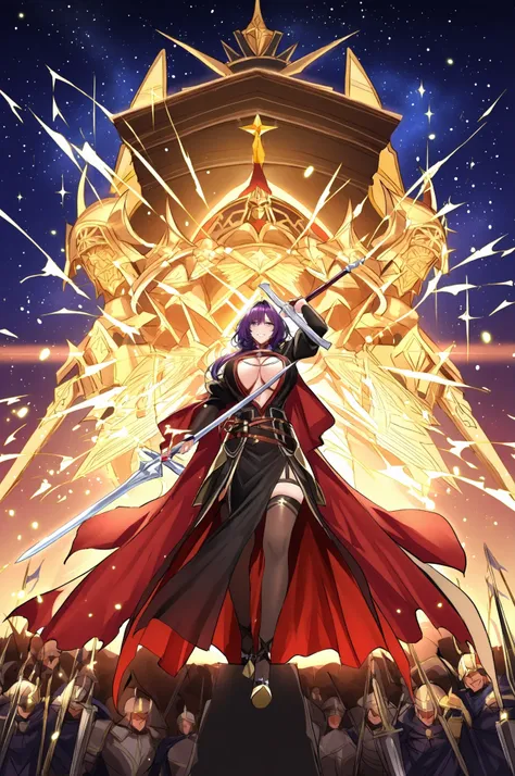 purple hair、starry sky、the night sky is dyed with silver in an instant、the seven sacred swords tear the sky apart。That moment、the seven stars shining in the sky々the light of judgment shines.、burn everything down {x} It's going to be the judgment blade of f...