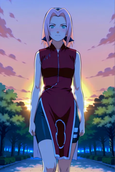 Haruno Sakura,1girl,official,bike shorts,Fearful Expression,soft thighs,detailed face,serene park,sakura trees,sunset sky,photorealistic,masterpiece,sharp focus,vivid colors,professional digital painting