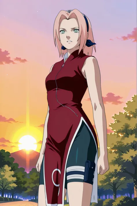 Haruno Sakura,1girl,official,bike shorts,Fearful Expression,soft thighs,detailed face,serene park,sakura trees,sunset sky,photorealistic,masterpiece,sharp focus,vivid colors,professional digital painting