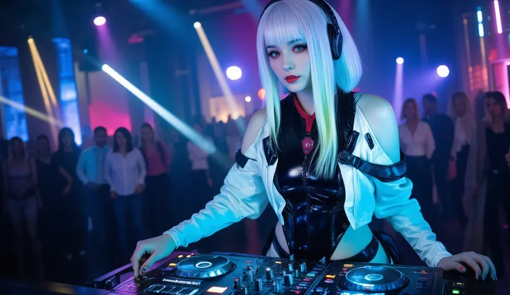 A beautiful girl (Lucy) in a stage in front of a DJ console and using it, wearing a shiny bright suit and a white jacket , wearing shiny blue headphones , using a DJ console in a stage, DJ console with shiny and colorful neon lights, silver straight hair ,...