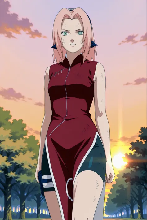 Haruno Sakura,1girl,official,bike shorts,Fearful Expression,soft thighs,detailed face,serene park,sakura trees,sunset sky,photorealistic,masterpiece,sharp focus,vivid colors,professional digital painting