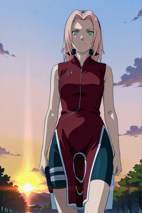 Haruno Sakura,1girl,official,bike shorts,Fearful Expression,soft thighs,detailed face,serene park,sakura trees,sunset sky,photorealistic,masterpiece,sharp focus,vivid colors,professional digital painting