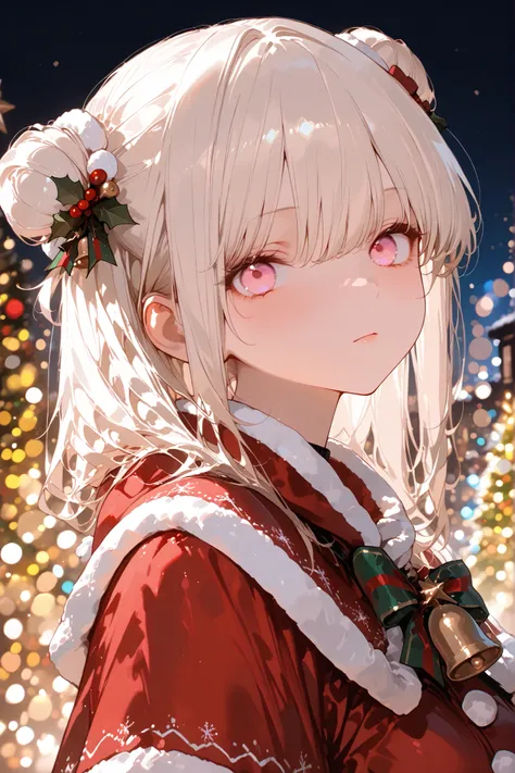 masterpiece, high quality, utra-detailed,
1 girl, only double bun hair, platinum blonde hair, dusky pink eyes, unfocused eyes, emotionless:0.7, red santa clothes, x-mas, christmas, bokeh, cozy background