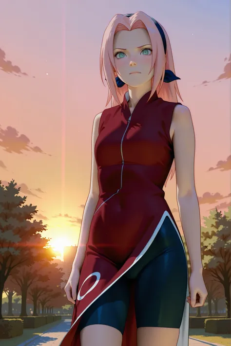 Haruno Sakura,1girl,official,bike shorts,Fearful Expression,soft thighs,detailed face,serene park,sakura trees,sunset sky,photorealistic,masterpiece,sharp focus,vivid colors,