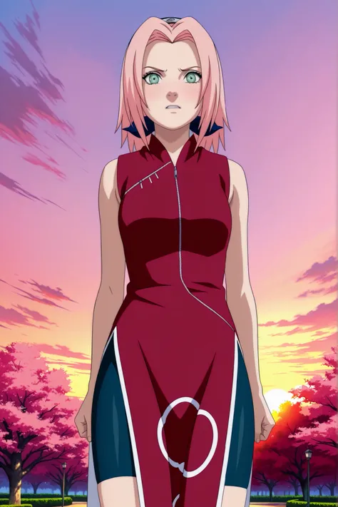 Haruno Sakura,1girl,official,bike shorts,Fearful Expression,soft thighs,detailed face,serene park,sakura trees,sunset sky,photorealistic,masterpiece,sharp focus,vivid colors,
