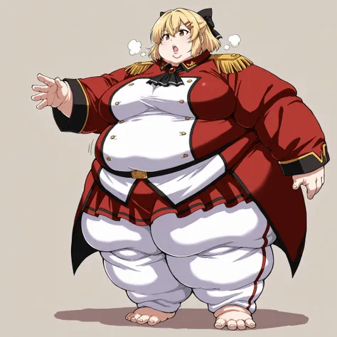 score_9, score_8_up, score_7_up, score_6_up, source_anime, 1girl, solo, liscia, blonde hair, short hair, brown eyes, hairclip, hair bow, black ascot, red coat, epaulettes, long sleeves, military uniform, red skirt, white pants, fat, chubby, obese, fat ne...
