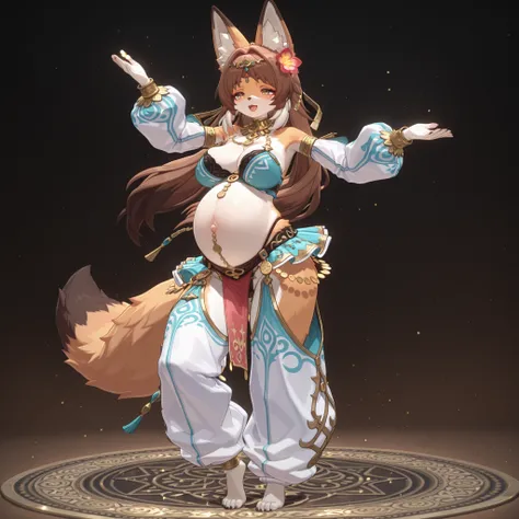 (1girl, solo, fox girl, furry, Kemono, Fluffy fur, coloured fur, brown fur, two tone fur, brown hair, long hair, bangs, hair flower, brown eyes, cleavage, sagging breasts, navel, pregnant, big belly, wide hips, belly dancer, arabic harem outfit, long sleev...