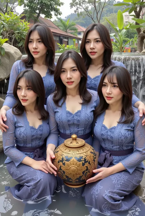 (Painting art closeup:1.2), detail impasto painting spatula art of five beauty lady-Aquarius big medium body white shinny skin holding a giant jar of the water , (5 beauty mature woman age 32 yo ) they are wearing blue kebaya likely waterfall dress, mix4,...