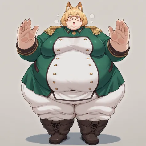 kaedefoxia, 1girl, solo, kitsune, glasses, animal ears, epaulettes, blonde hair, short hair, under-rim eyewear, fox ears, double-breasted tunic, knee boots, uniform, military uniform, white pants, fat, chubby, obese, fat neck, multiple chins, big breasts o...