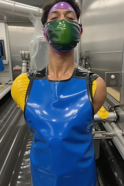 a 58 year old black man wearing a bright blue polished shiny metallic lead apron made of vinyl, wearing a shiny purple and green polished vinyl face mask, his arms are in a tight lead armbinder that is yellow, against his front side, enclosed in the yellow...