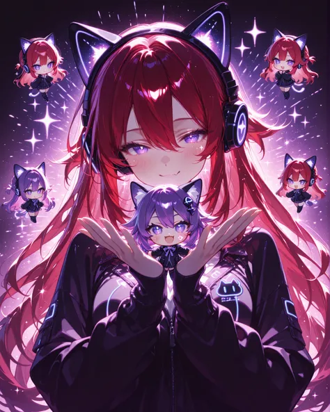 Generate an image of an adorable chibi female character with long red hair, purple eyes, and wearing black headphones with cat ears, drawn as a shiny sticker. She features large, bright eyes, delicate body proportions, and vibrant pastel colors. She hugs a...