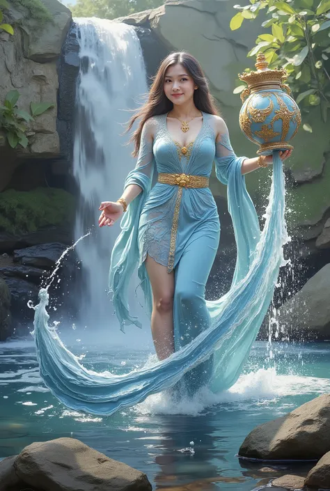 Painting art style of the beautiful lady aquarius with large jar waterfall on her shoulder . Inspiration of art station , hyper detail and elegan full color aestetic