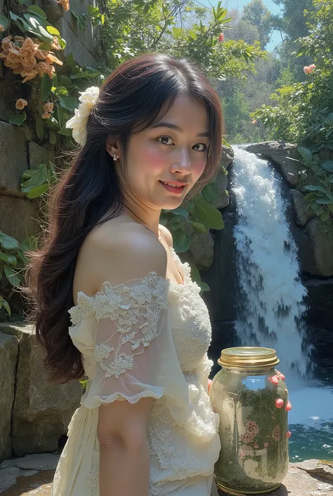 Painting art style of the closeup beautiful lady aquarius with large jar waterfall on her shoulder . Inspiration of art station , hyper detail and elegan full color aestetic