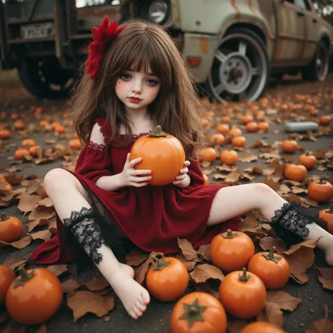 (((at SFW))), (Acutance:0.88), ExtremelyDetailed Dumped a beautiful detailed porcelain Little doll, Lying FullBody in FIBC, (Buried in Autumn Fallen Leaves:1.37), exquisite detailed face, soft innocent expression, Elaborate lace knitted red NightWear, (aba...