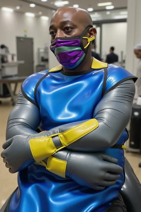 a 58 year old black man wearing a bright blue polished shiny metallic lead apron made of vinyl, wearing a shiny purple and green polished vinyl face mask, his arms are in a tight lead bondage armbinder that is yellow, against his front side, enclosed in th...