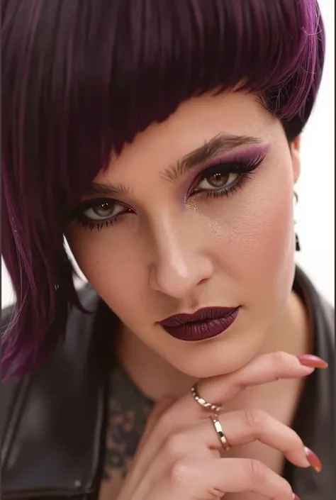 Portrait of a beautiful young girl in close-up, dark purple carefully crafted shiny hair, bangs,
expressive saturated makeup, gaze, dark lipstick, leather jacket, studio light, fashion photography, posing, model, advertising, gloss, digital photo, high det...