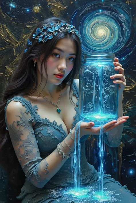 Painting art style of the closeup beautiful lady aquarius with large jar waterfall on her shoulder , the water glowing in the darknight, her one hands holding thats jar aside on her head position . Inspiration of art station , van gogh , and all best of a...