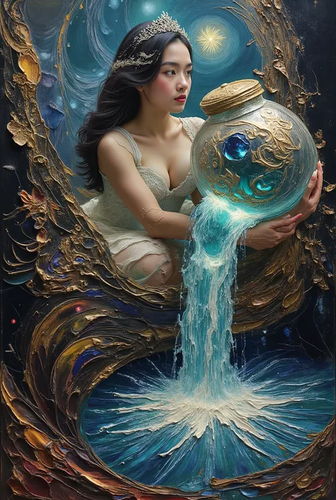 Painting art style of the closeup beautiful lady aquarius with large jar waterfall on her shoulder , the water glowing in the darknight, her one hands holding thats jar aside on her head position . Inspiration of art station , van gogh , and all best of a...