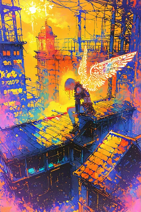 lineart, thin lines, thin colors, watercolor, soft touch, colorful, fantasy, full body,
1 girl, solo, fantasy world, (illustration:1.2), (rin-anime_fx), military lolita, huge elaborate mechanical wings, steampunk, cybernetic elements, (cyberpunk building...