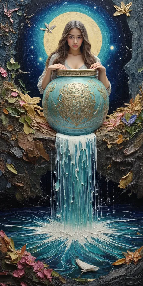 Painting art style of the closeup beautiful lady aquarius with large jar waterfall on her shoulder , the water glowing in the darknight, her one hands holding thats jar aside on her head position . Inspiration of art station , van gogh , and all best of a...