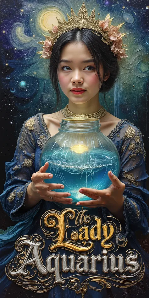 Painting art style of the closeup beautiful lady aquarius with large jar waterfall on her shoulder , the water glowing in the darknight, her one hands holding thats jar aside on her head position . Inspiration of art station , van gogh , and all best of a...