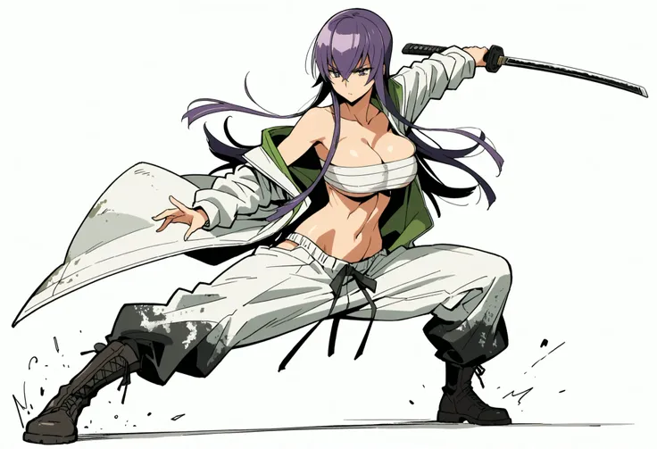 saeko busujima, highschool of the dead, masterpiece, (((white background, action pose, sensual))),drawing katana, open long white coat, high collar, chest wrap, large breast, cleavage, navel, white loose pants, high boots, half off shoulder, uncropped