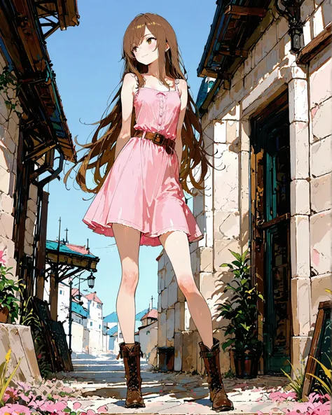 masterpiece, best quality, ultra-detailed, perfect anatomy, 
748cmstyle, 
brown eyes, brown hair, very long hair, thin, pink dress, brown belt, brown boots, bare arms, bare upper back
arms behind back, contrapposto, 
full body, straight-on, looking afar, s...