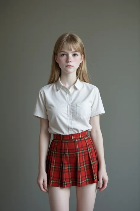 A young girl stands looking straight ahead, dressed in a classic, tight fitting, button-down, short-sleeved white shirt paired with a pleated red plaid skirt. The skirt's design features a pattern of green and yellow lines forming a series of squares on th...