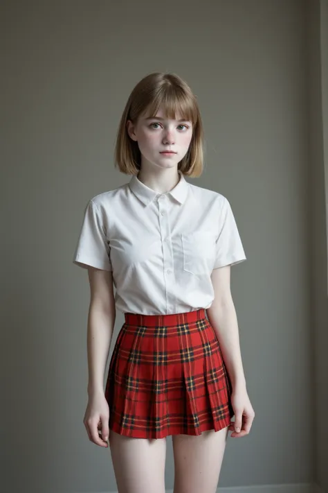 A young woman stands looking at the viewer, dressed in a classic, tight fitting, button-down, short-sleeved white shirt paired with a pleated red plaid skirt. The skirt's design features a pattern of green and yellow lines forming a series of squares on th...