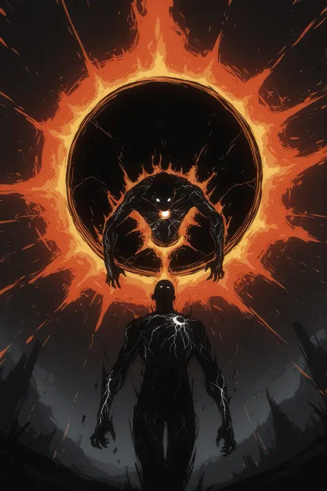 Game monster, sketch, concept art, All black human silhouette with a stellar black hole in the middle of his chest, bright color, black skin, orange and red energy, white eyes, round eyes , glowing eyes, on plain white canvas, rough, thin lines, 2d, conce...