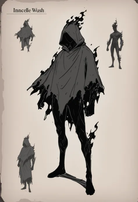 Game monster, sketch, concept art, Long and thin body under what look like a dark blue greyish torn pancho, hood, hidden face, Black skin, thin limbs, long and thin body under a torn poncho, thin body, thin, on plain white canvas, rough, thin lines, 2d, co...