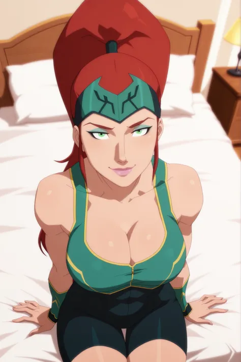 BREAK, score_6_up, score_7_up, score_8_up, score_9, 1girl, solo, m3r4atl4nt1s, long hair, red hair, ponytail, green eyes, large breasts, cleavage, curvy, athletic, pink lipstick, makeup, looking at viewer, seducing viewer, teasing viewer, smile, closed mou...