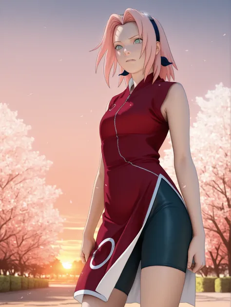Haruno Sakura,1girl,official,bike shorts,Fearful Expression,soft thighs,detailed face,serene park,sakura trees,sunset sky,photorealistic,masterpiece,sharp focus,vivid colors,professional digital painting.
