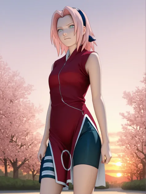 Haruno Sakura,1girl,official,bike shorts,Fearful Expression,soft thighs,detailed face,serene park,sakura trees,sunset sky,photorealistic,masterpiece,sharp focus,vivid colors,professional digital painting.