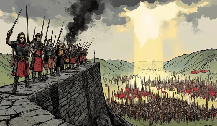 A wide, dramatic battlefield scene set on a rocky mountainside. In the foreground, a small group of 3,000 determined Albanian warriors stands shoulder to shoulder atop a stone fortress wall — weapons raised, eyes blazing with defiance. Their armor is batte...