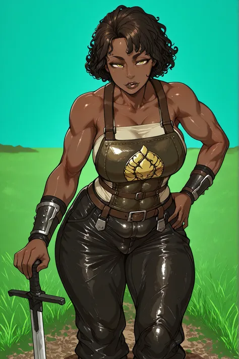 A woman between 25 and 30 years old, with dark brown skin and long, curly hair that falls loosely over her head and sides in natural waves, not in an afro, but with a flowing drape. She has yellow or gold eyes, full lips, and striking facial features. She ...